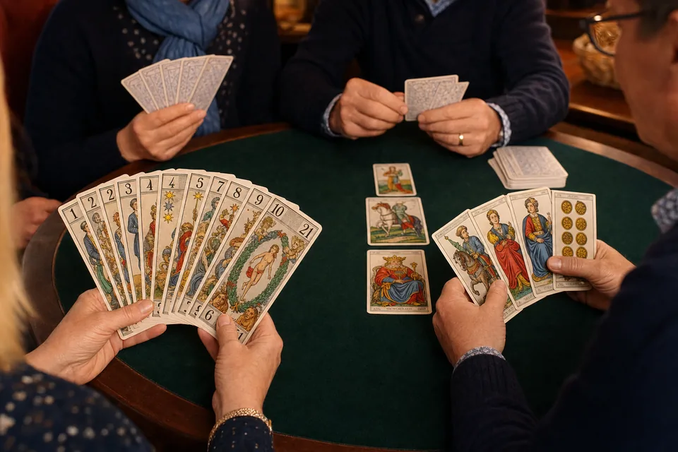 Cartes et joueurs de tarot français illustrant Feuille de score