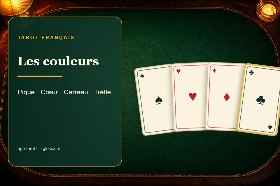 Cartes et joueurs de tarot français illustrant Les couleurs au tarot : pique, cœur, carreau et trèfle