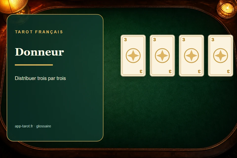 Cartes et joueurs de tarot français illustrant Le donneur au tarot : celui par qui la donne commence