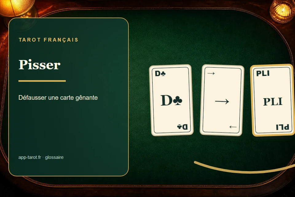 Cartes et joueurs de tarot français illustrant Pisser au tarot : l'expression pour se débarrasser d'une carte