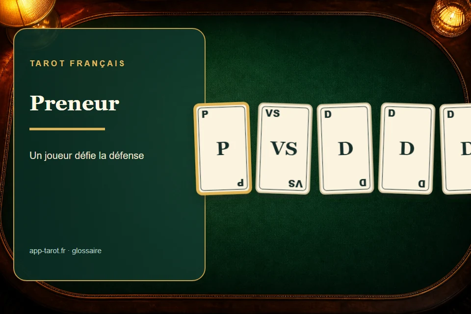 Cartes et joueurs de tarot français illustrant Le preneur au tarot : celui qui défie la table