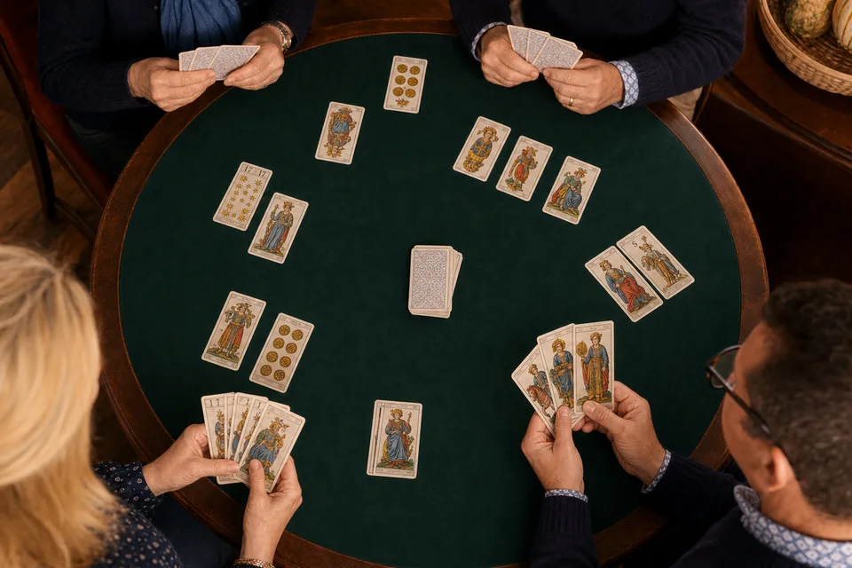 Cartes et joueurs de tarot français illustrant Les règles du tarot